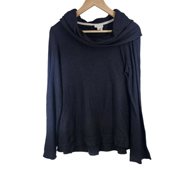 Meadow Rue Anthropologie Black Waffle Knit Long Sleeve Cowl Neck Tunic Top Shirt - Picture 2 of 9